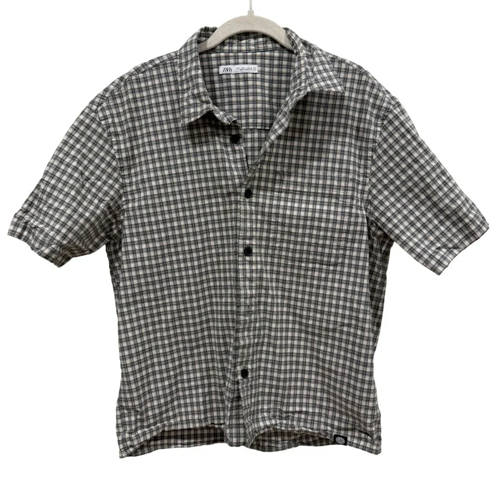 Zara Mens Grey White Plaid Short Sleeve Button Down Shirt Large 4425/056/802